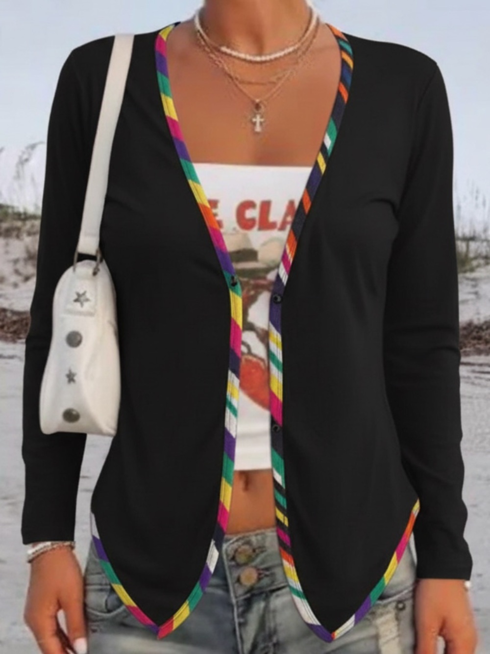 Vintage Rainbow Trim Convertible Open Back Cardigan Top One size fits most. - Picture 5 of 13